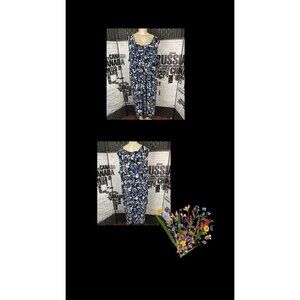 Woman Within 30/32 Black Floral Pleated Front Scoop Neck Sleeveless Midi Dress